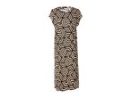 Black and beige geometric pattern maxi dress with short sleeves and a round neckline.