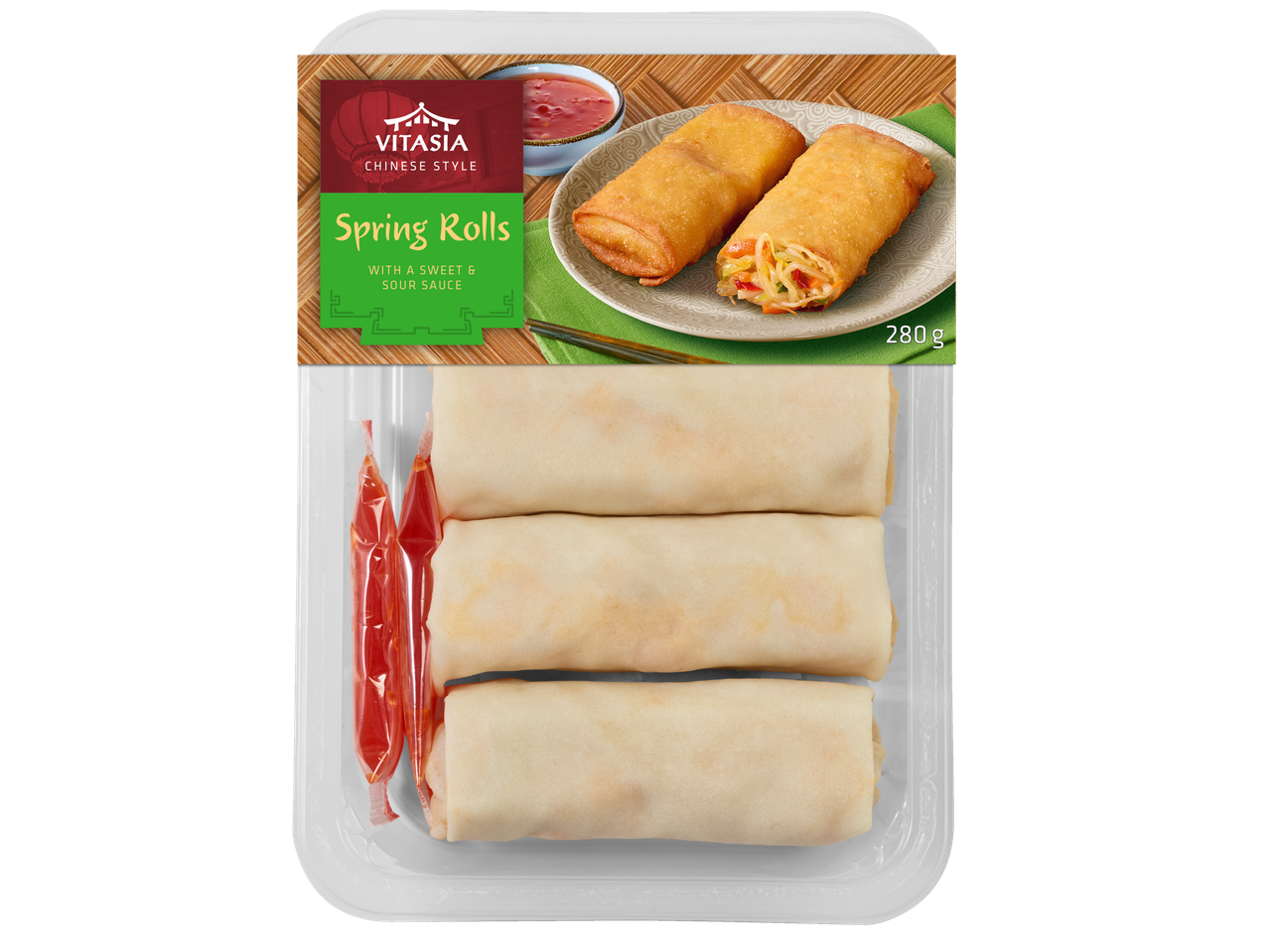 Rulouri de primăvară Vitasia, stil chinezesc (280g), cu sos dulce-acrișor.