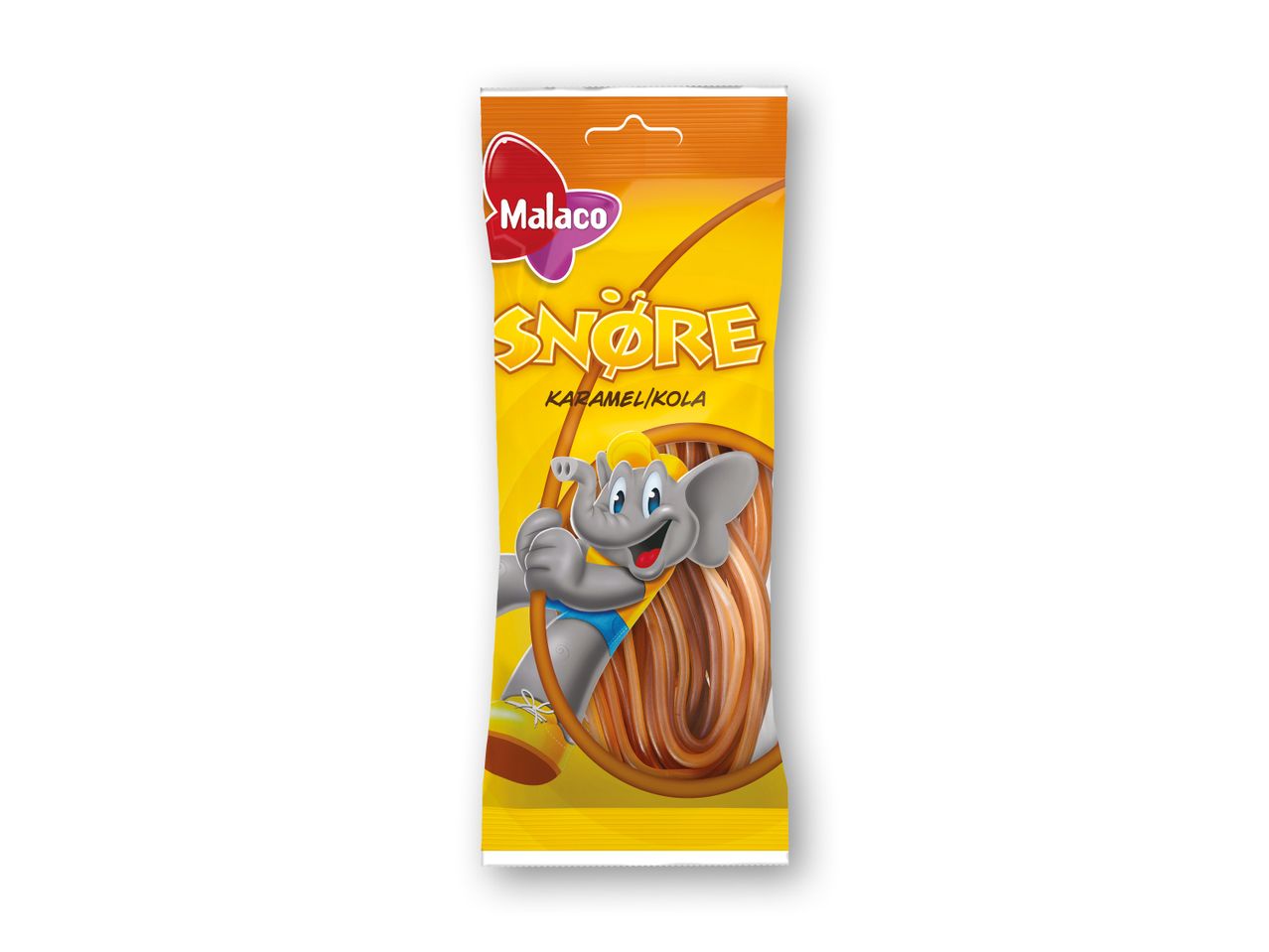 Slikpose med karamel- og kolasnørebånd og en tegneserieelefant.