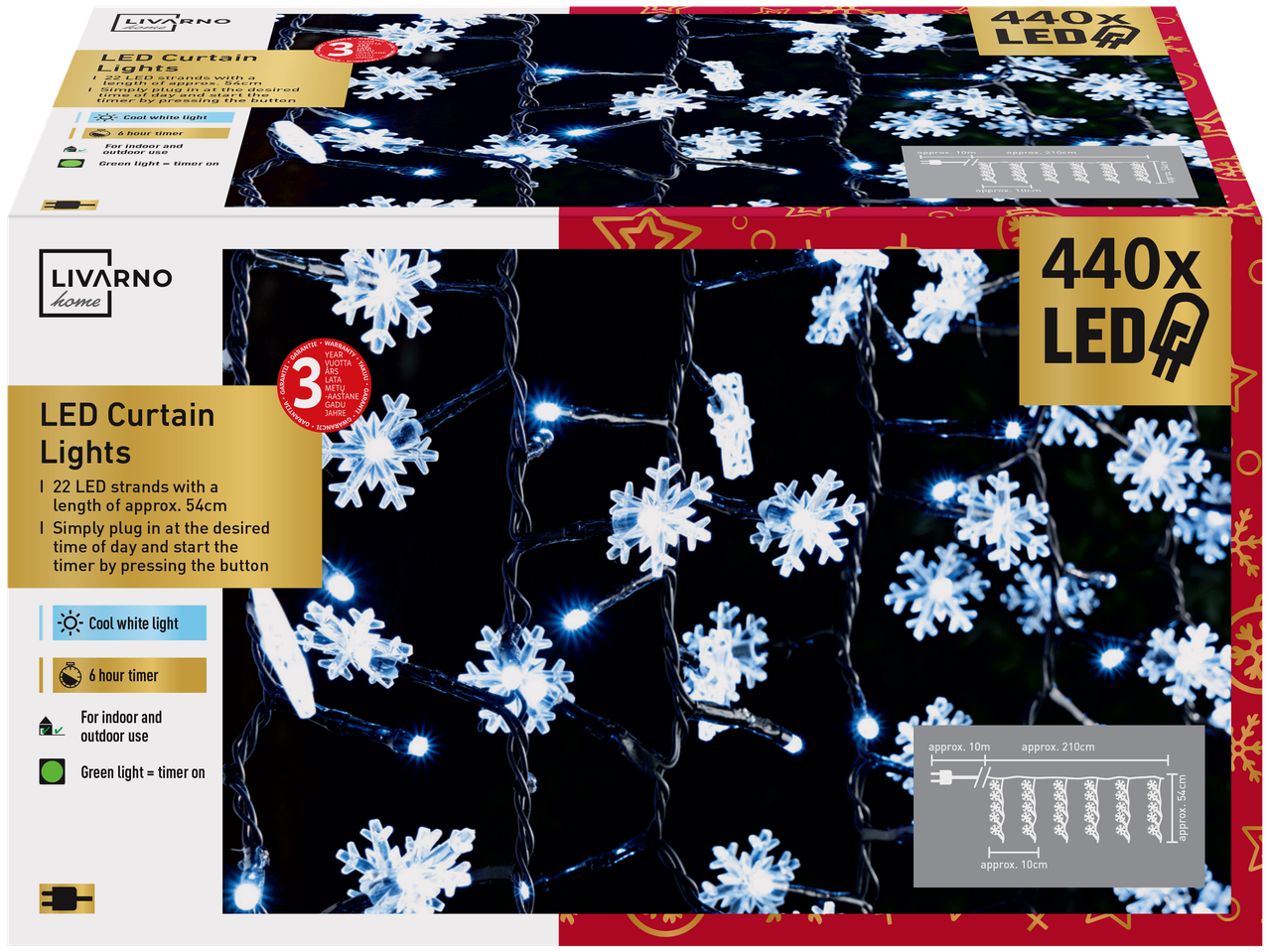 LIVARNO home LED-valguskardin 440 tulega, jahe valge, lumehelbekujundusega.