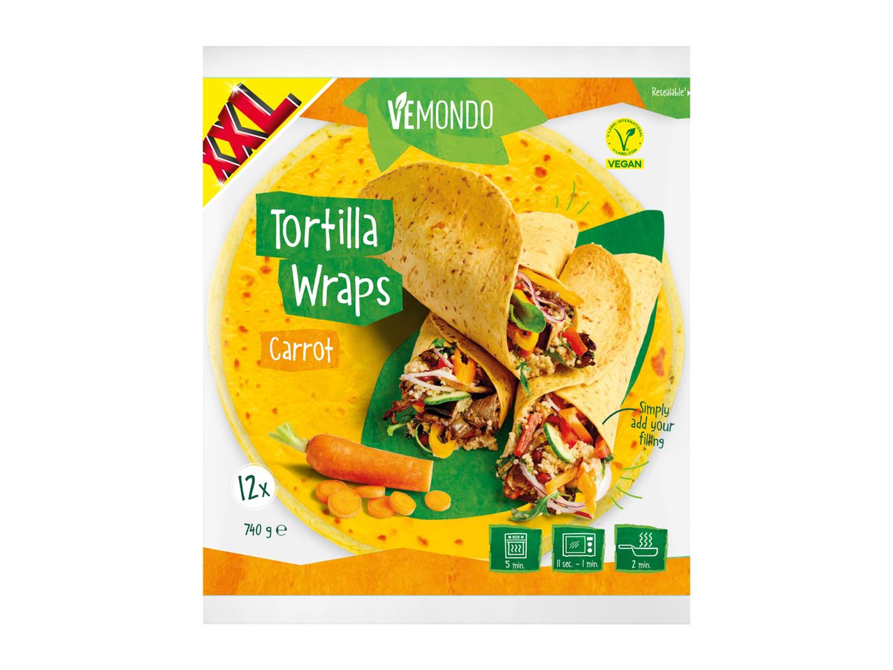 Vemondo XXL Carrot Tortilla Wraps: 12 vegan wraps, ready in minutes.
