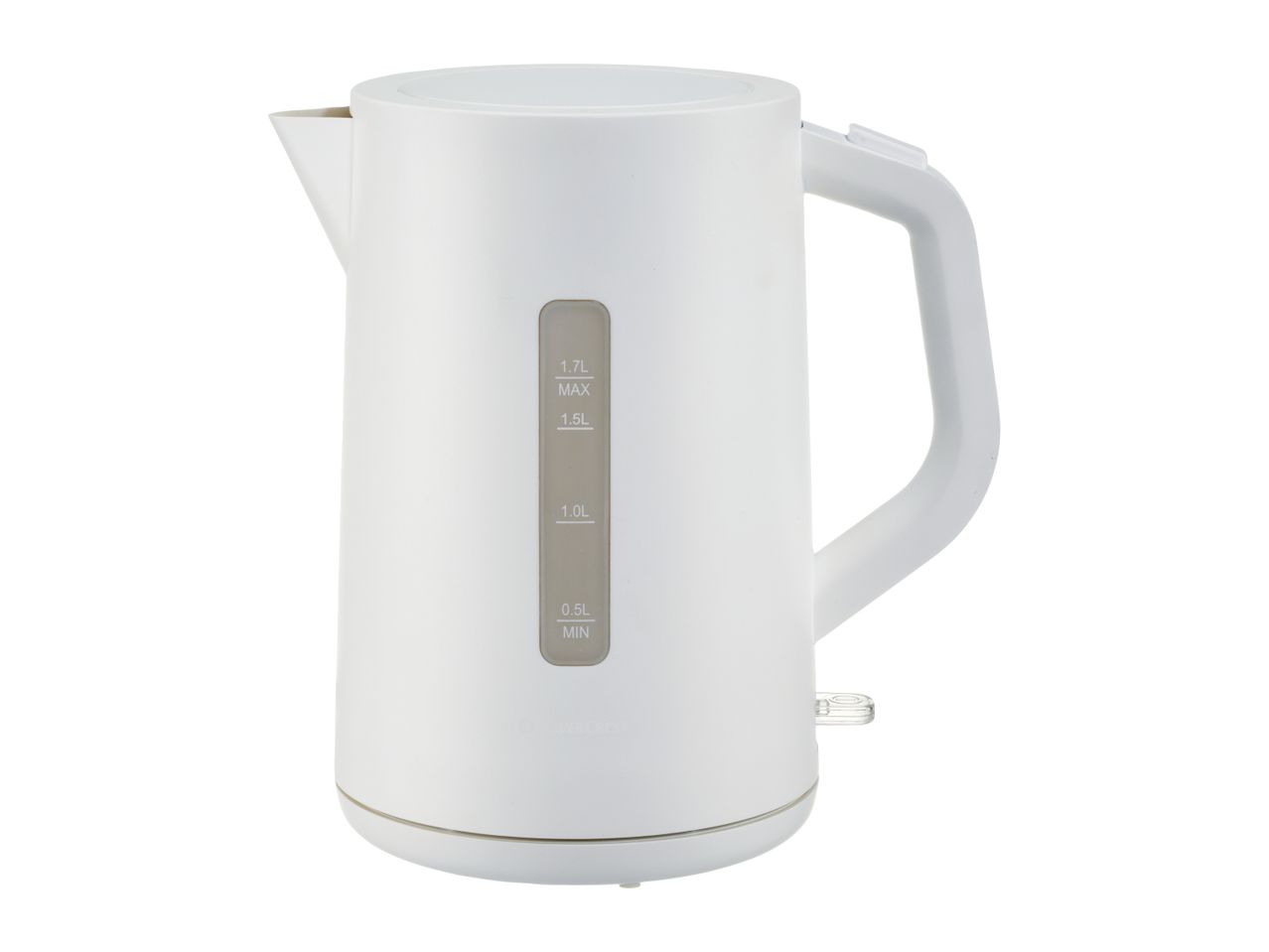 A white electric kettle with a handle.