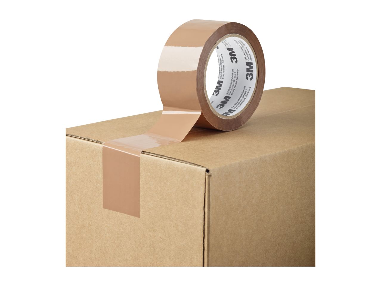 Brown packing tape on a cardboard box, sealing it shut.