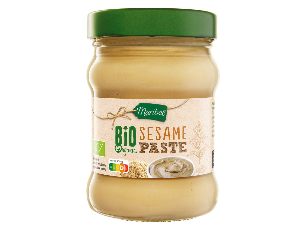 Maribel Biologische Sesampasta in een pot met groene deksel.