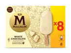 Doos met 8 witte chocolade-ijsjes met vanille-ijs, met een gebarsten chocoladelaag.