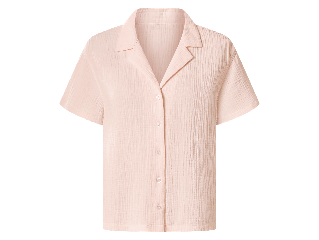 Rózsaszín, rövid ujjú, gombos női ing, gallérral.