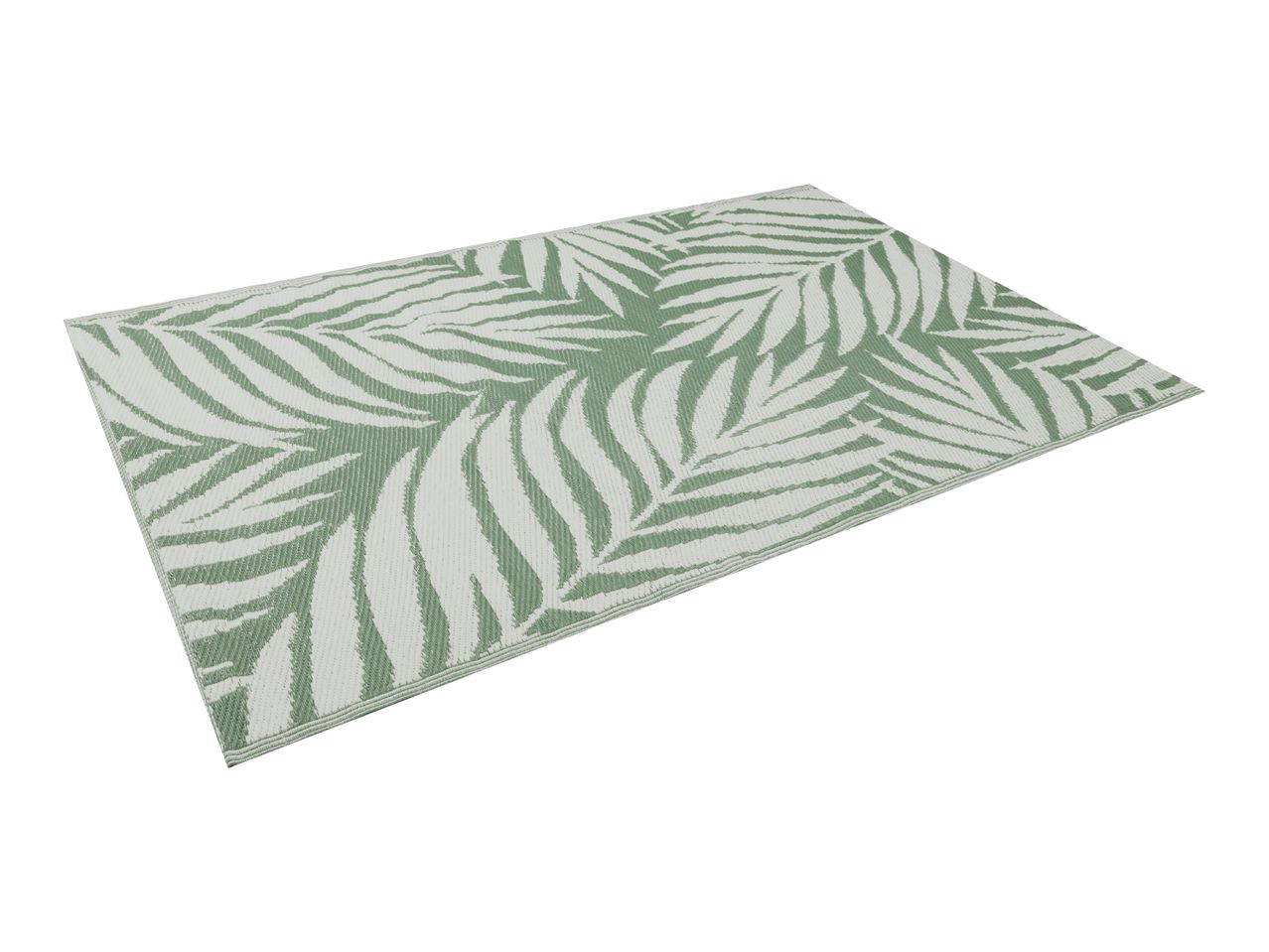 Green and white outdoor rug with a palm leaf pattern