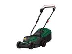 Green and black cordless lawnmower with red accents and a yellow 'X' symbol.