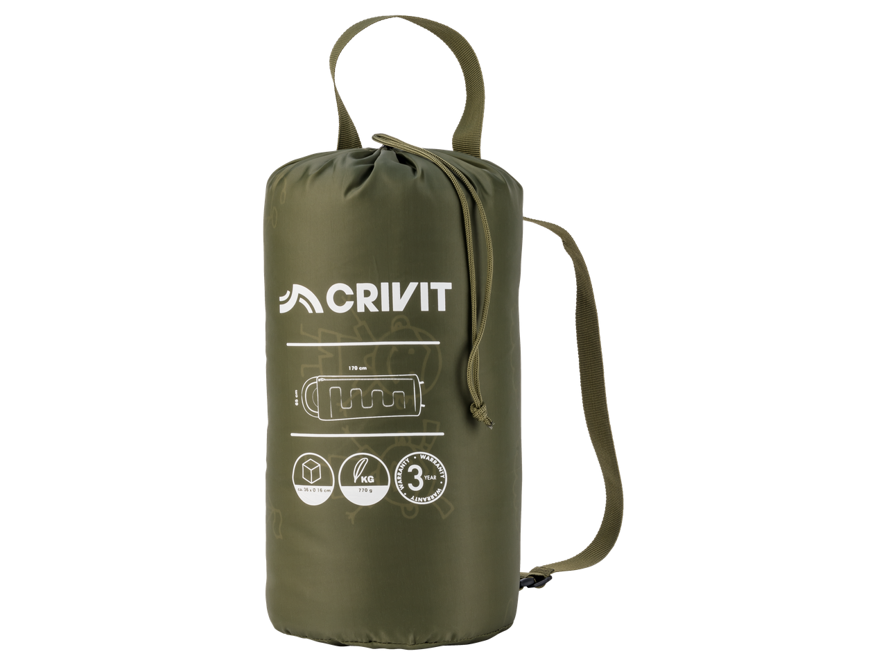 Зелен детски спален чувал CRIVIT с връзка, дълъг 170 см, 770 г.