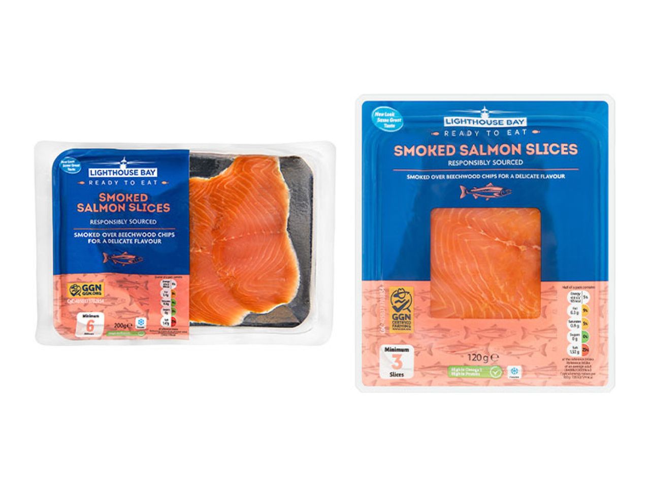 Lighthouse Bay Smoked Salmon Slices in two different packaging sizes.