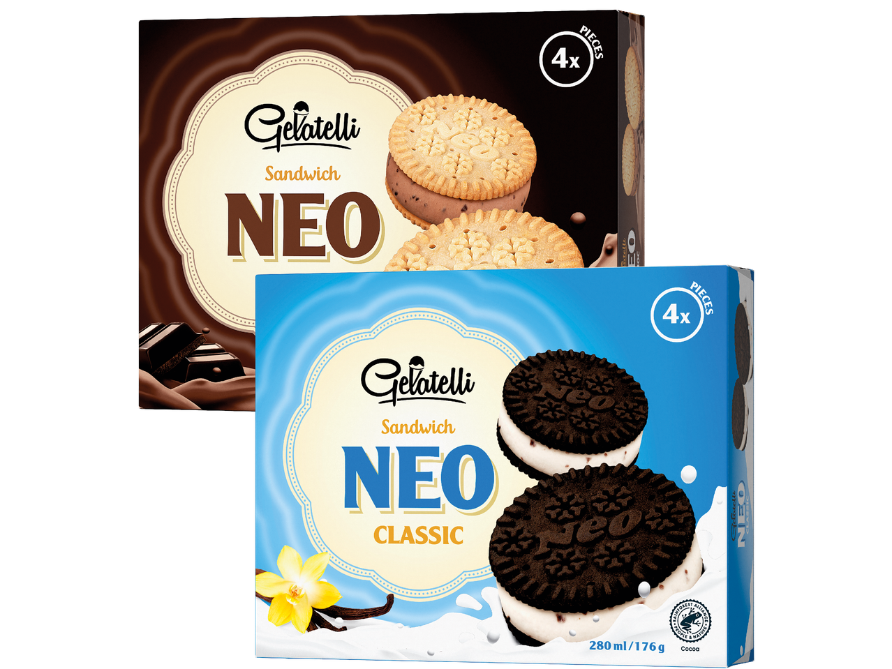 Två förpackningar med NEO-kexglass, en med choklad och en med vanilj.
