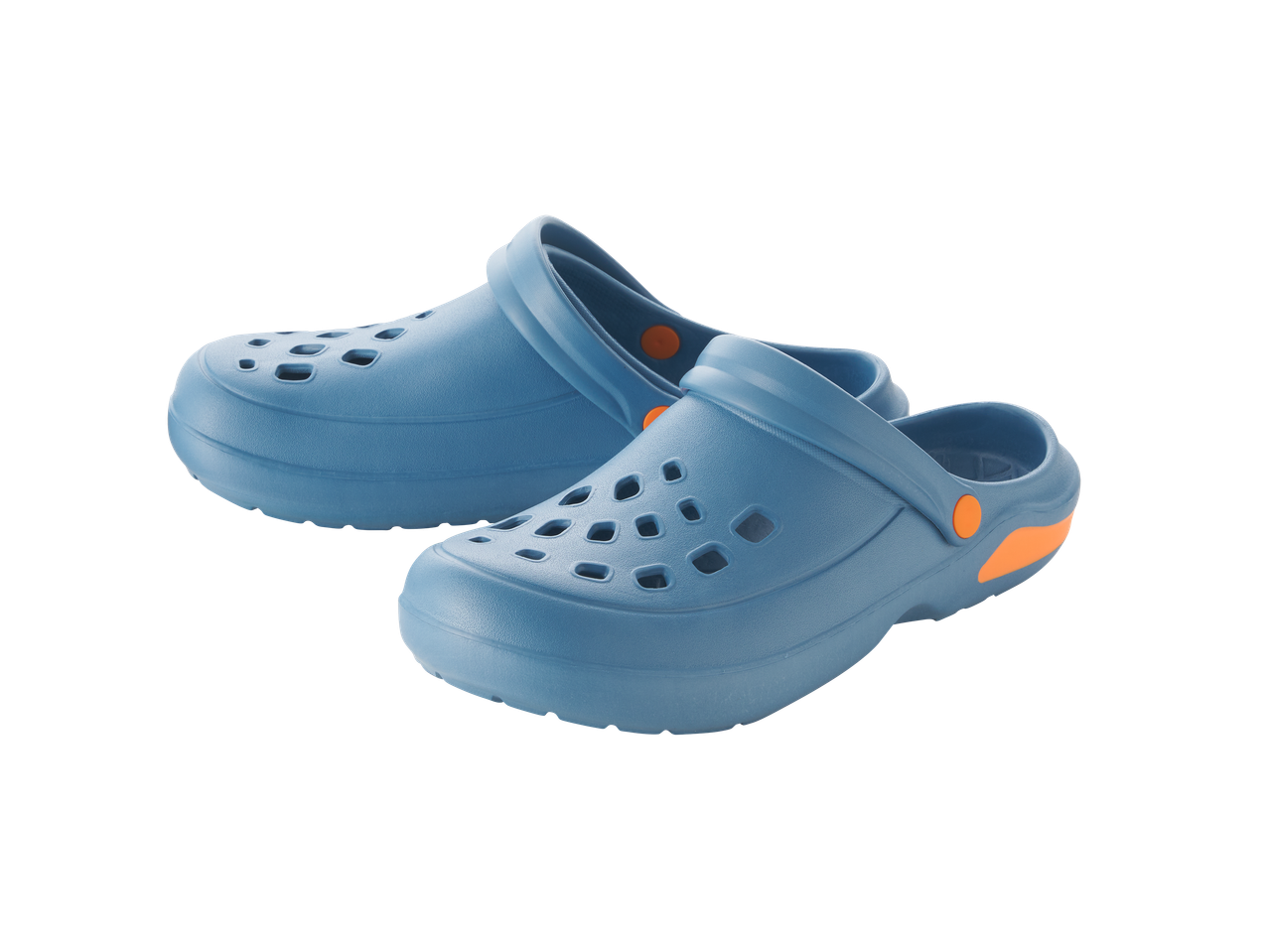 Une paire de sabots bleus avec des accents orange, posés sur un fond noir.