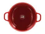 Red cast iron casserole dish with handles, suitable for various cooktops and oven use.