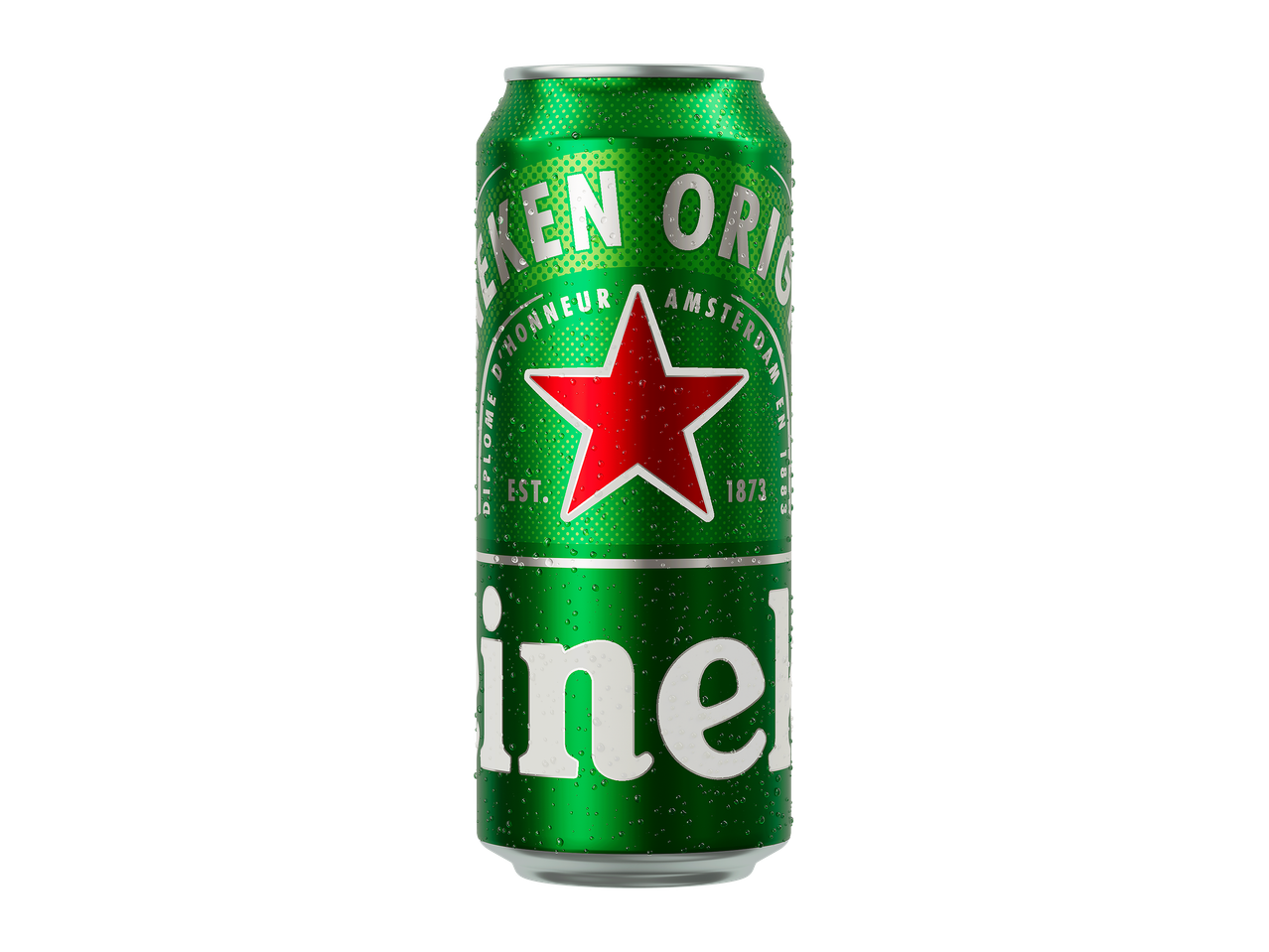 Doză verde de bere cu stea roșie și picături de condens.