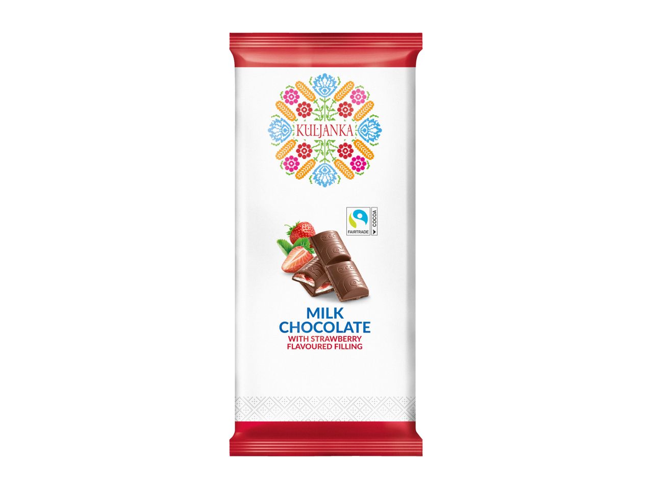 Milk chocolate bar with strawberry filling, featuring a folk-inspired design.
