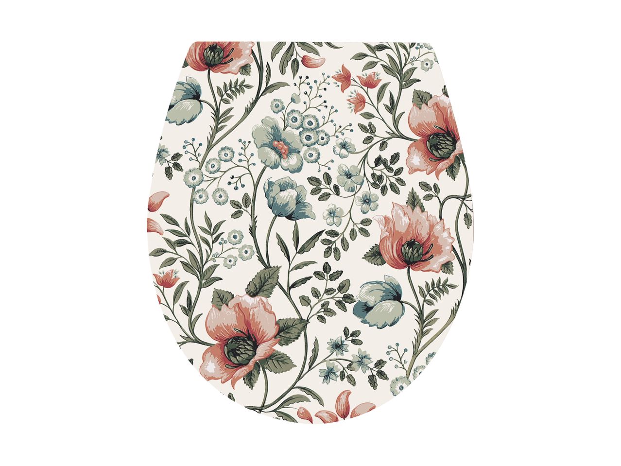 Toilet seat with a floral pattern featuring pink and blue flowers on a light background.