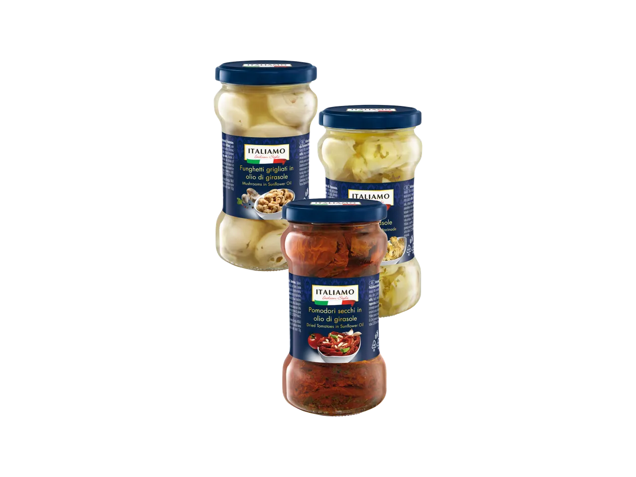 Tri tegle italijanskih delikatesa: grilovani šampinjoni, artičoke i sušeni paradajz u ulju.