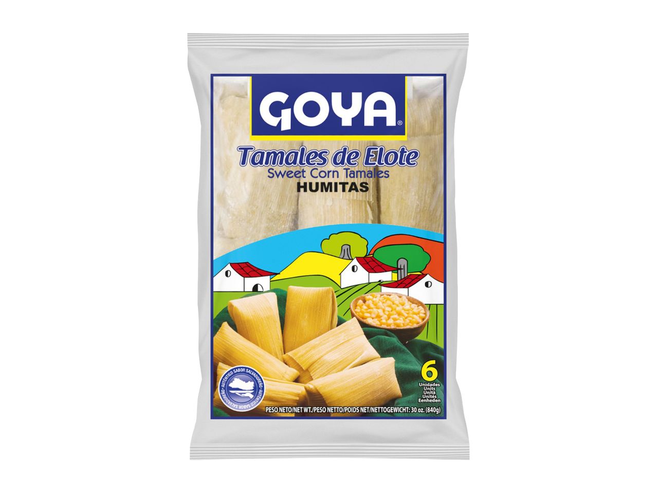 Sweet corn tamales in a package, with a bowl of corn kernels and a rural scene.