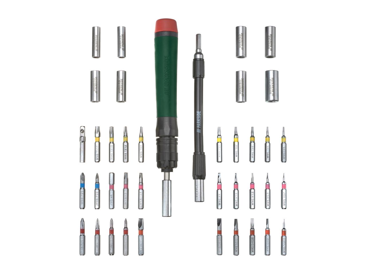 A set of screwdriver bits and nut setters, including a screwdriver handle and an extension bar.