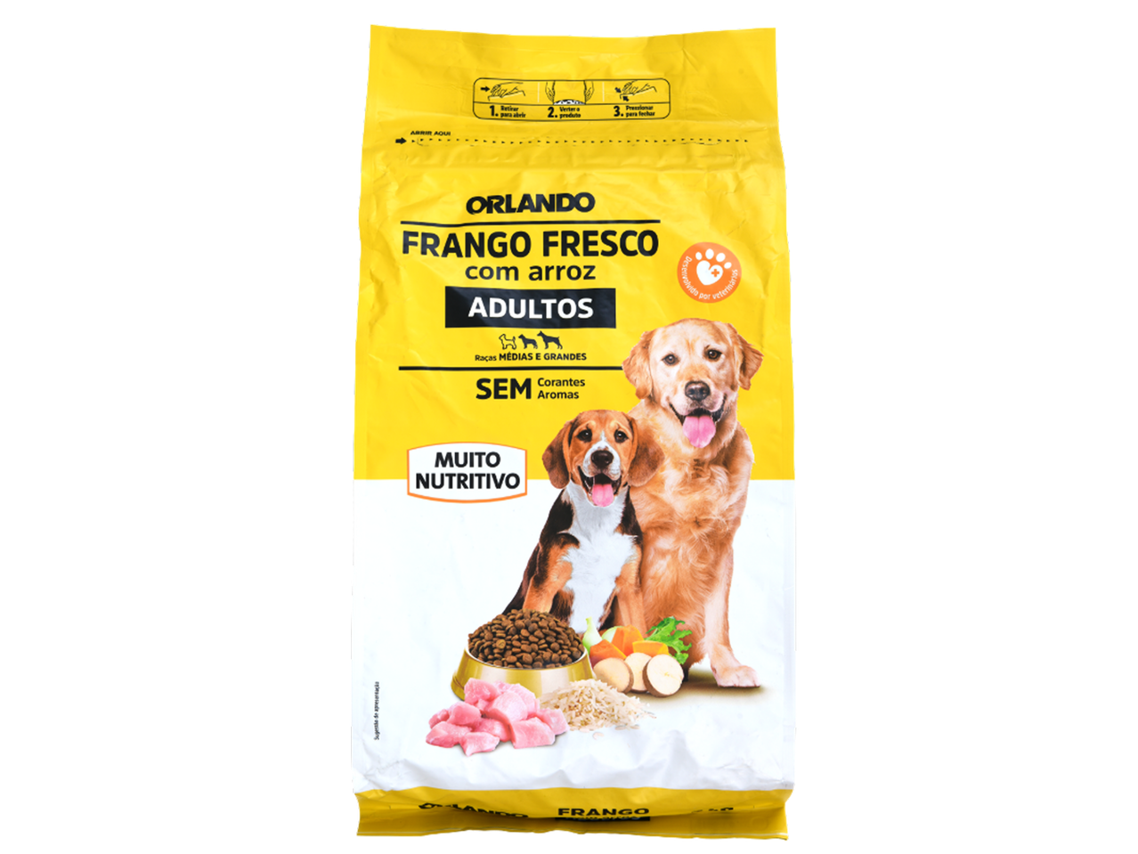 Ração para cães adultos de raças médias e grandes, sabor frango fresco com arroz, sem corantes nem aromas.