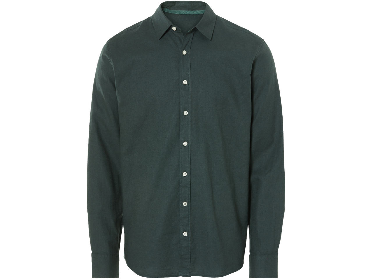 Donkergroene linnen overhemd met lange mouwen.