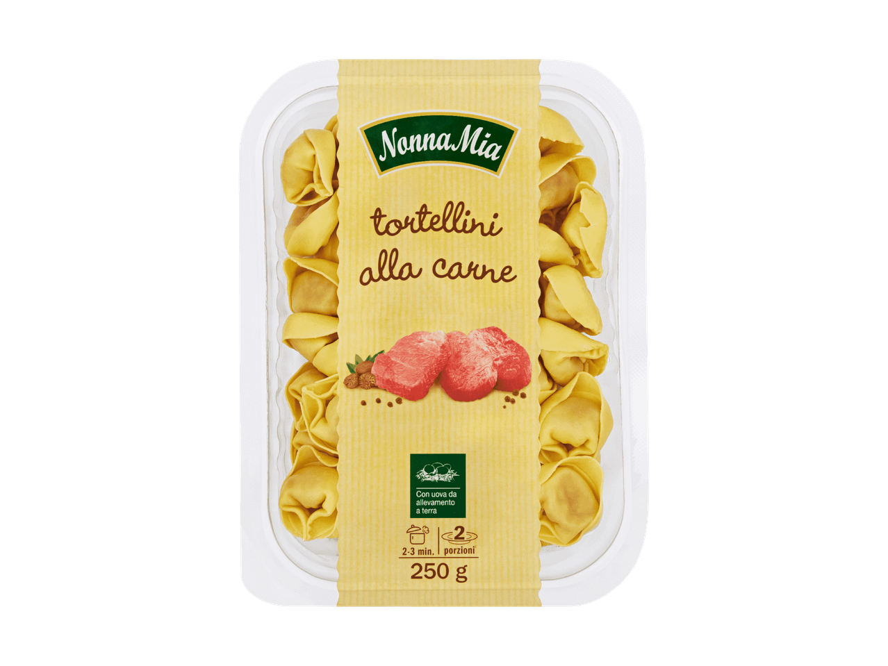 Tortellini mit Fleischfüllung in einer Verpackung, mit Hinweis auf Eier aus Freilandhaltung.