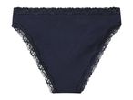 Dark blue ribbed women's briefs with lace trim.