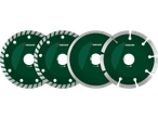 Conjunto de quatro discos de corte verdes de vários tipos sobre um fundo preto.