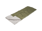 Olive green sleeping bag, unzipped and ready for use.