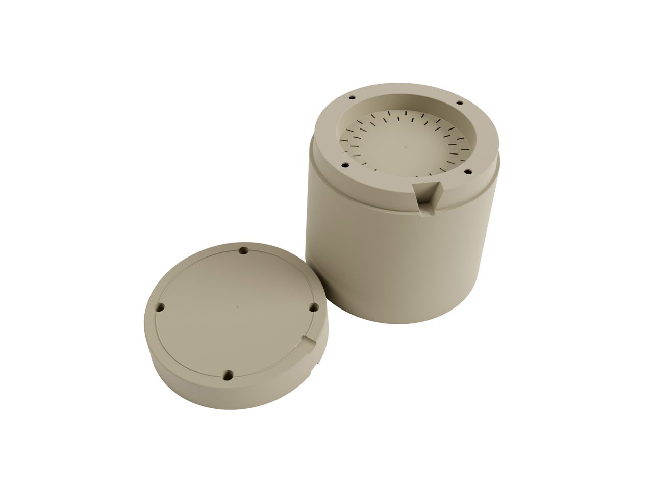 Cylindrical containers with lids.