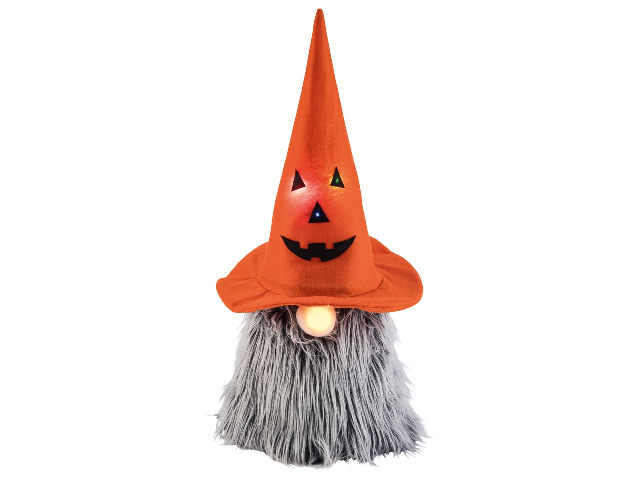 Halloween gnome with an orange pumpkin hat and glowing nose