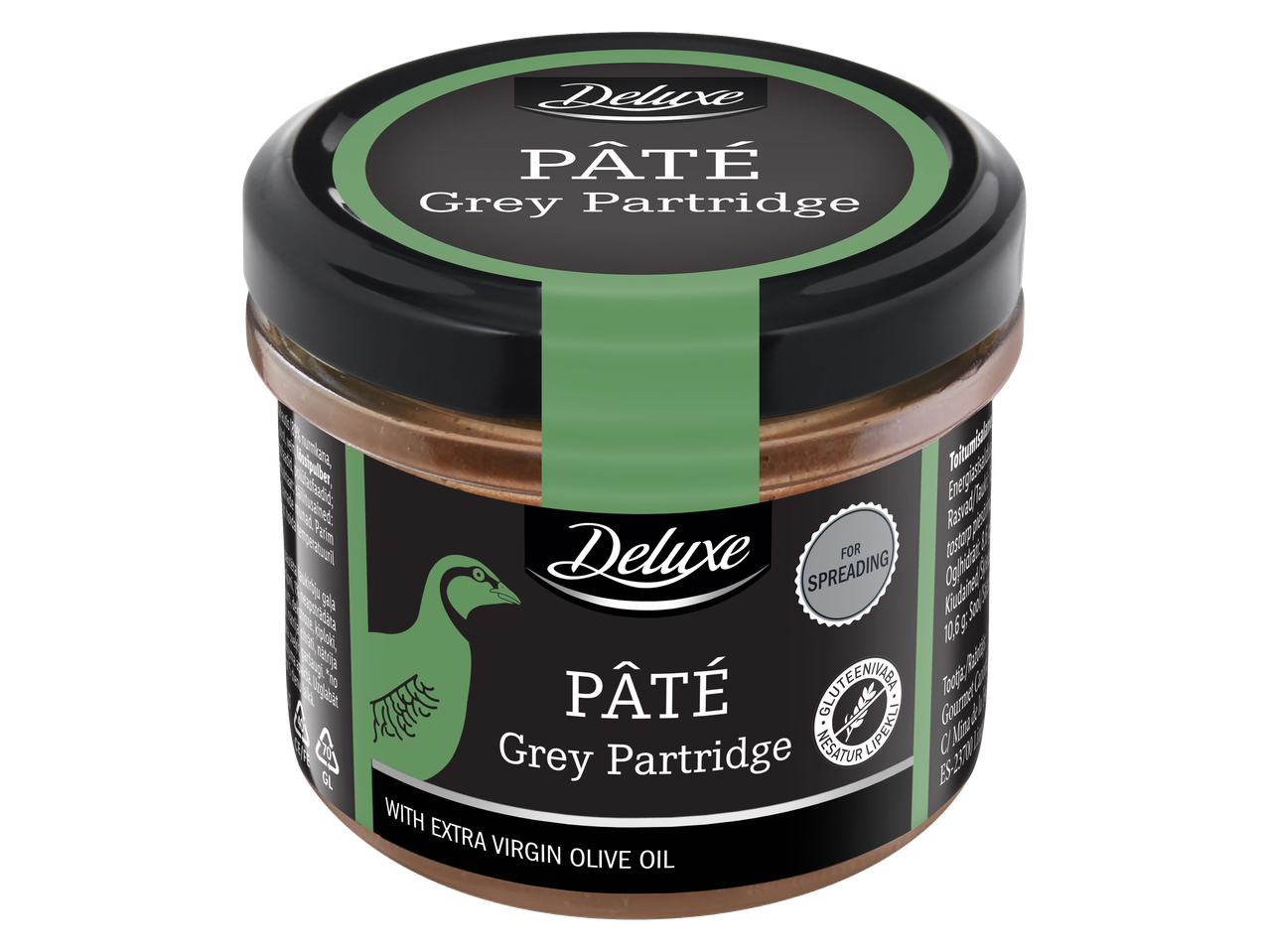 Deluxe halli nurmkana pasteet ekstra neitsioliiviõliga klaaspurgis.