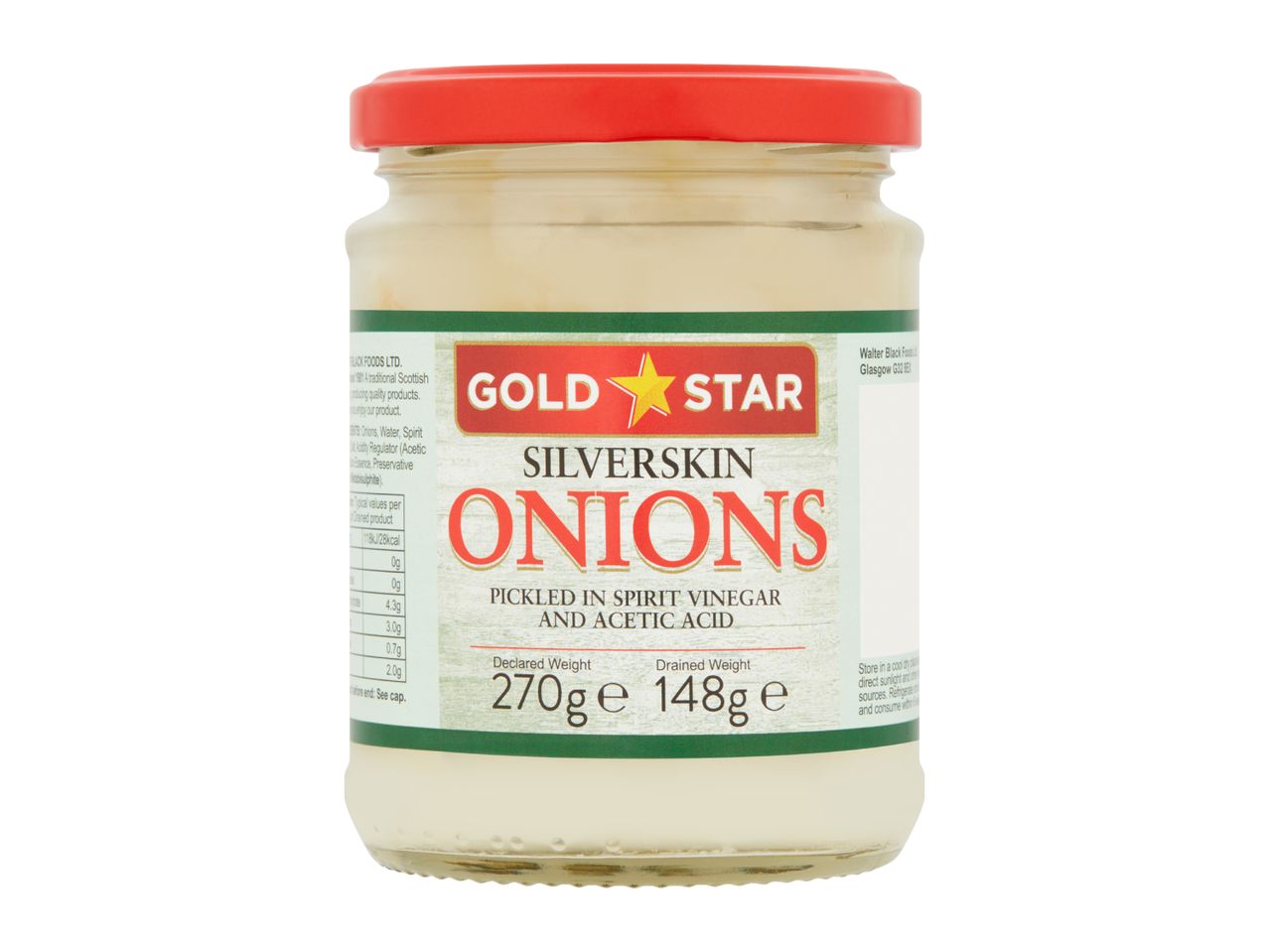 Jar of pickled silverskin onions with a red lid, showing nutritional information and weight.