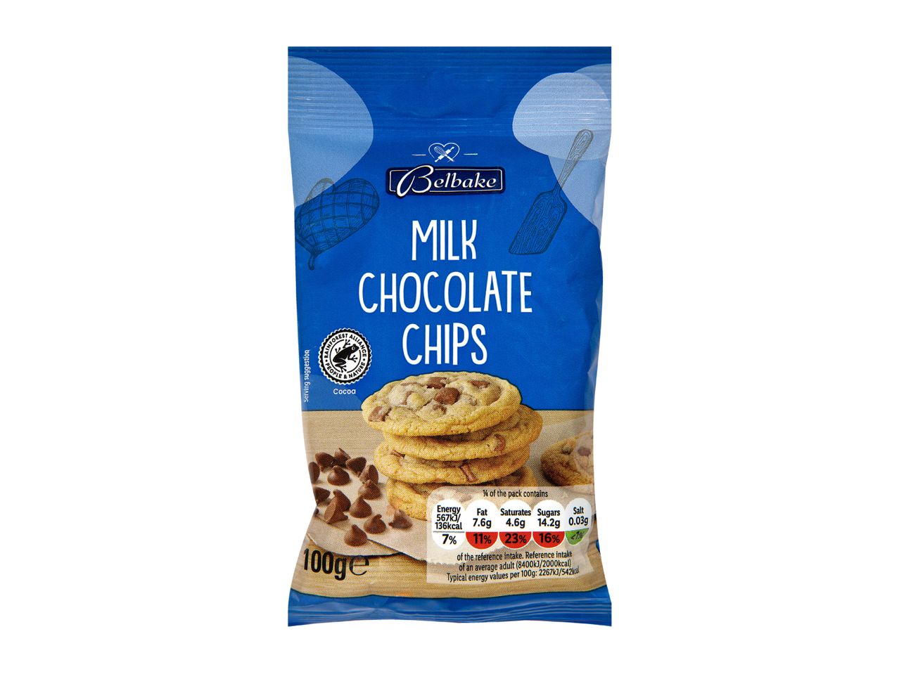 A 100g pack of milk chocolate chips with cookies on the front.