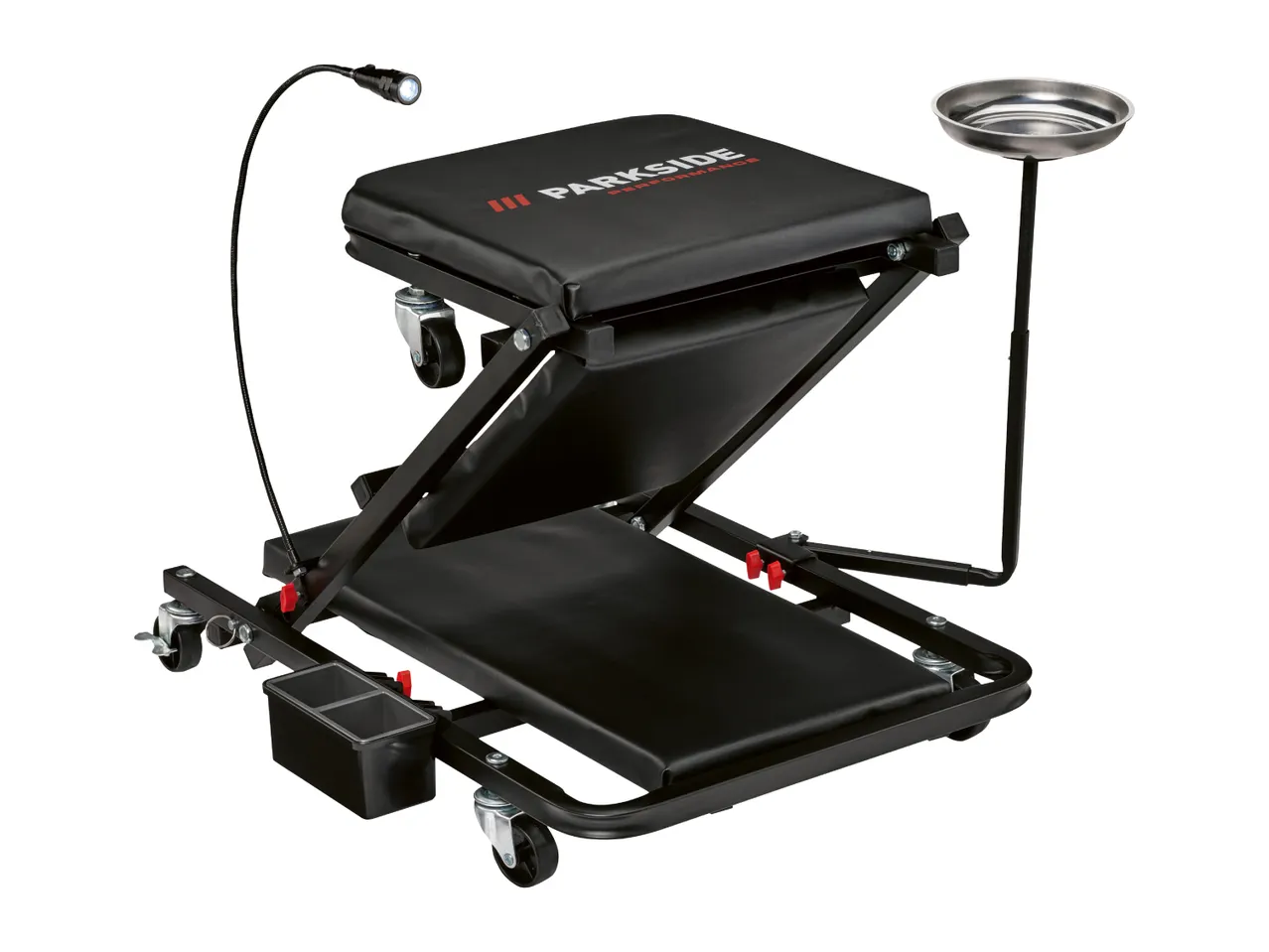 A black Parkside creeper seat with a light and a metal tray.