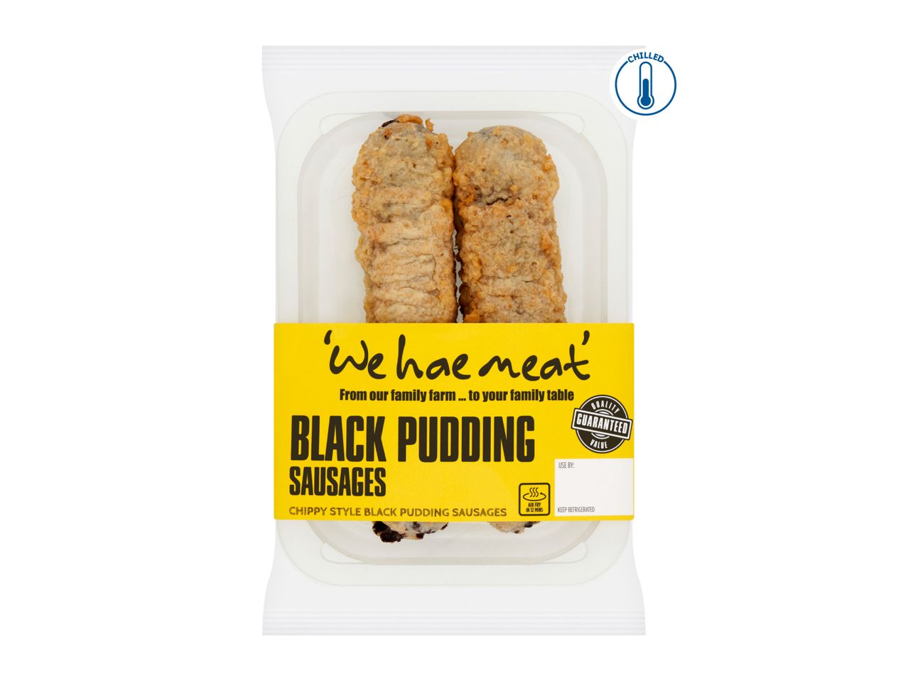 Pack of two chippy style black pudding sausages, with a yellow label and 'CHILLED' icon.