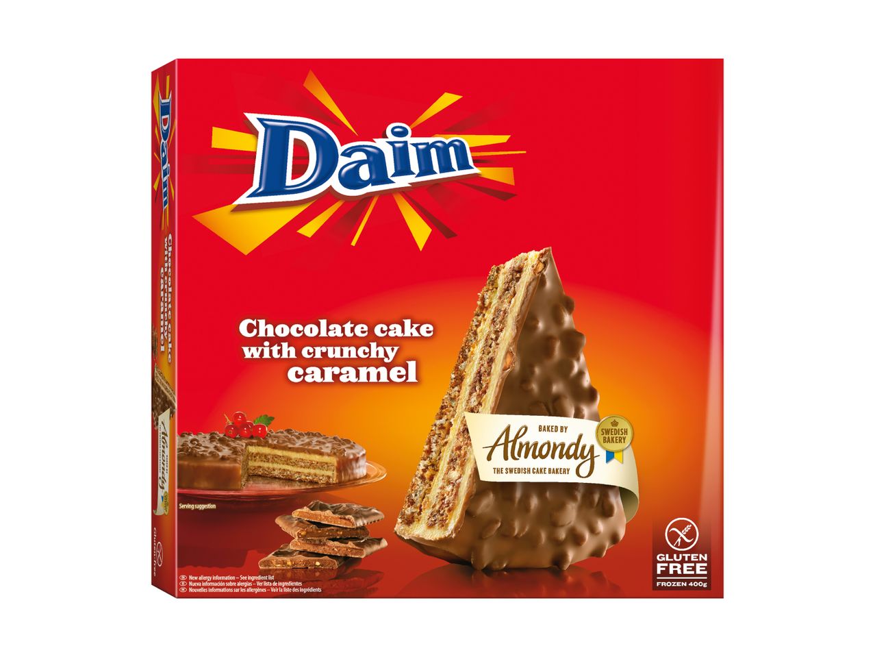 Daim Schokoladenkuchen mit knusprigem Karamell, gebacken von Almondy.