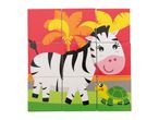 A nine-piece wooden puzzle showing a zebra, palm trees, and a turtle on a red and green background.