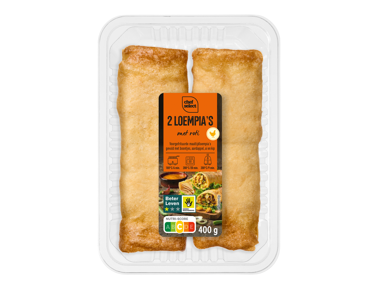 Twee gefrituurde maaltijdloempia's met roti, gevuld met boontjes, aardappel, ui en kip.