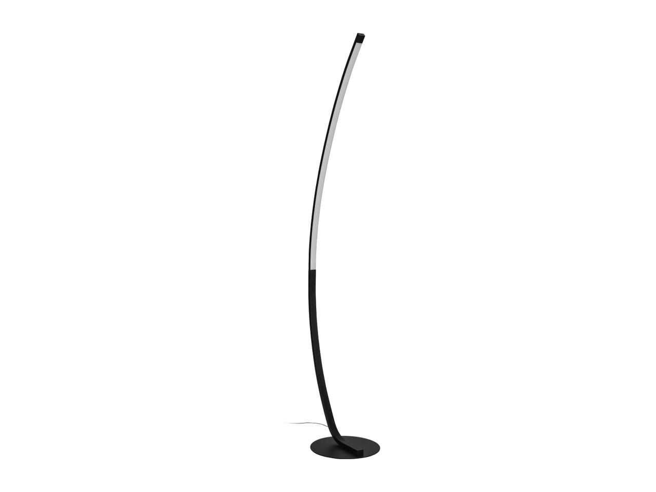 Black curved LED floor lamp with a round base