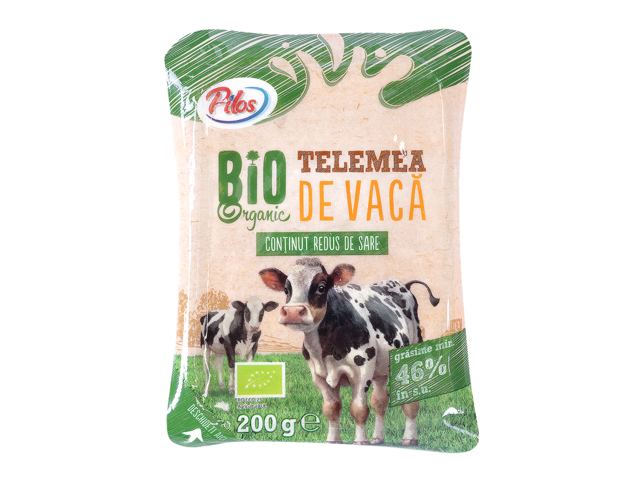 Pilos Bio Telemea de vacă cu conținut redus de sare, 200g, cu 46% grăsime.
