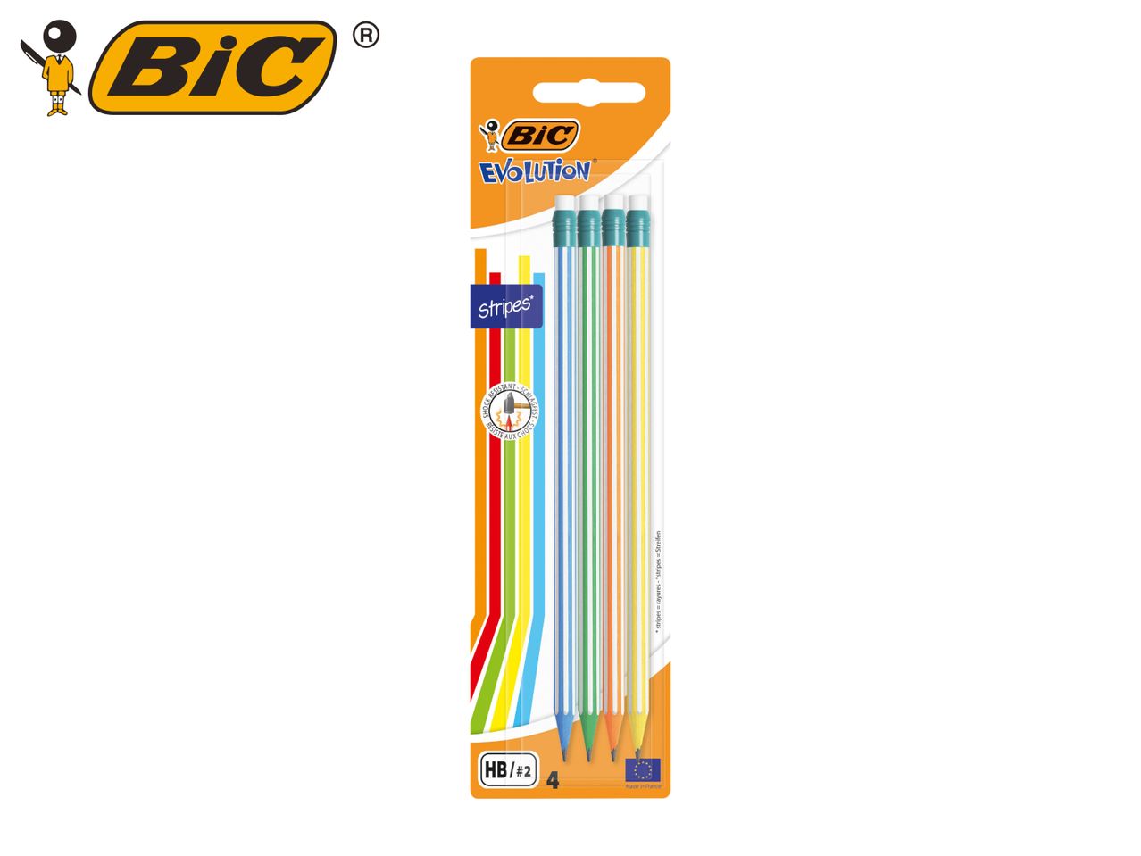 Four striped HB/2 pencils in a blister pack, featuring a shock-resistant emblem.