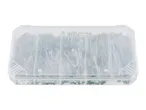 A transparent plastic organizer box filled with various sizes of nails, with a visible logo on the lid.