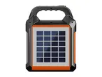 Portable solar panel charger with an orange frame and black handle.
