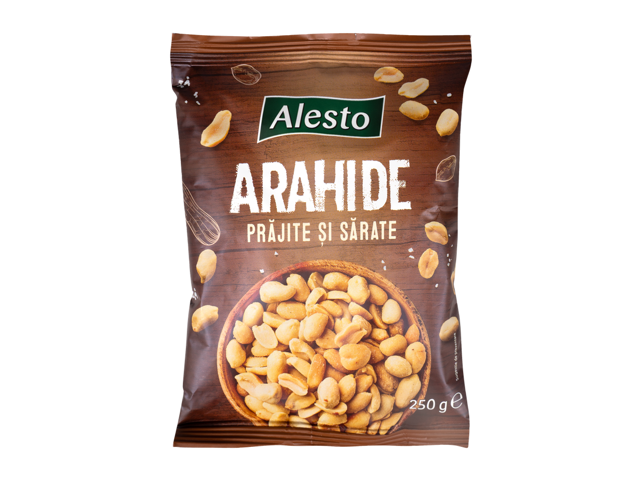 Pachet de arahide prăjite și sărate Alesto, cu un bol de arahide decojite.