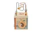 Wooden activity cube with a bead maze, featuring forest animals like a fox and hedgehog.