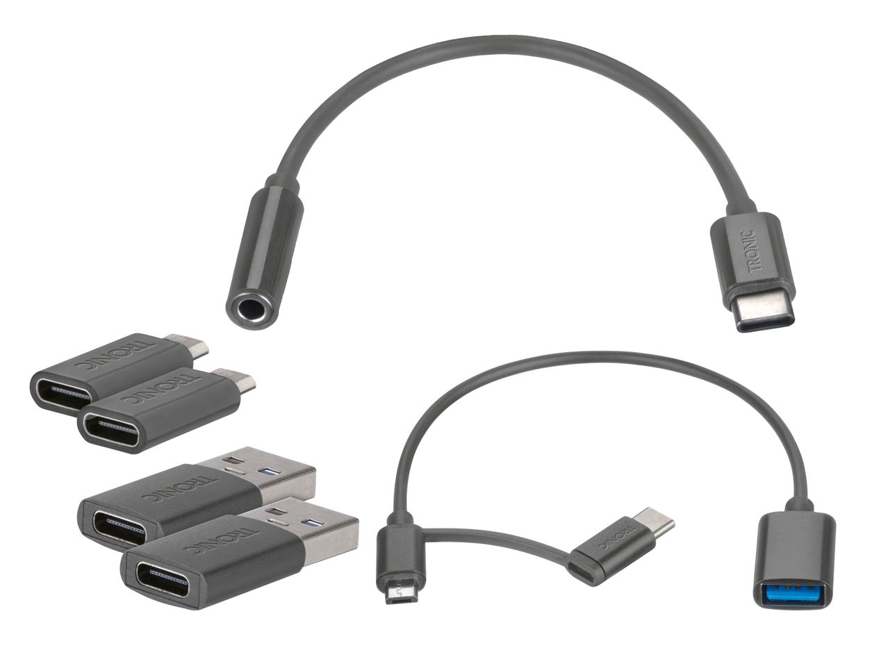 TRONIC USB-C-Adapter und -Kabel, darunter ein Audio-Adapter, USB-C-zu-USB-A-Adapter und ein Multi-Kabel.