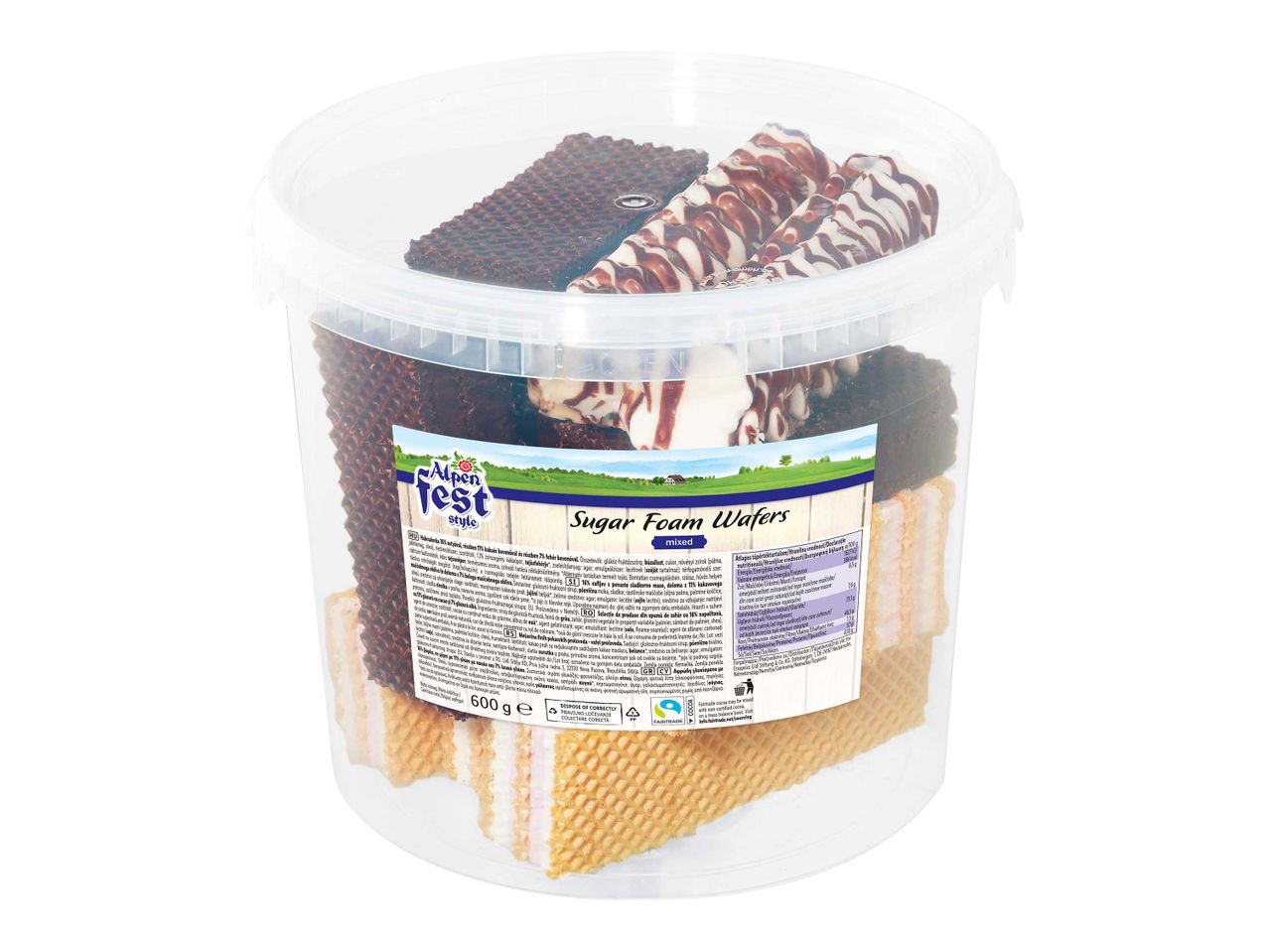 Alpenfest Sugar Foam Wafers vegyes ízben, átlátszó műanyag vödörben.