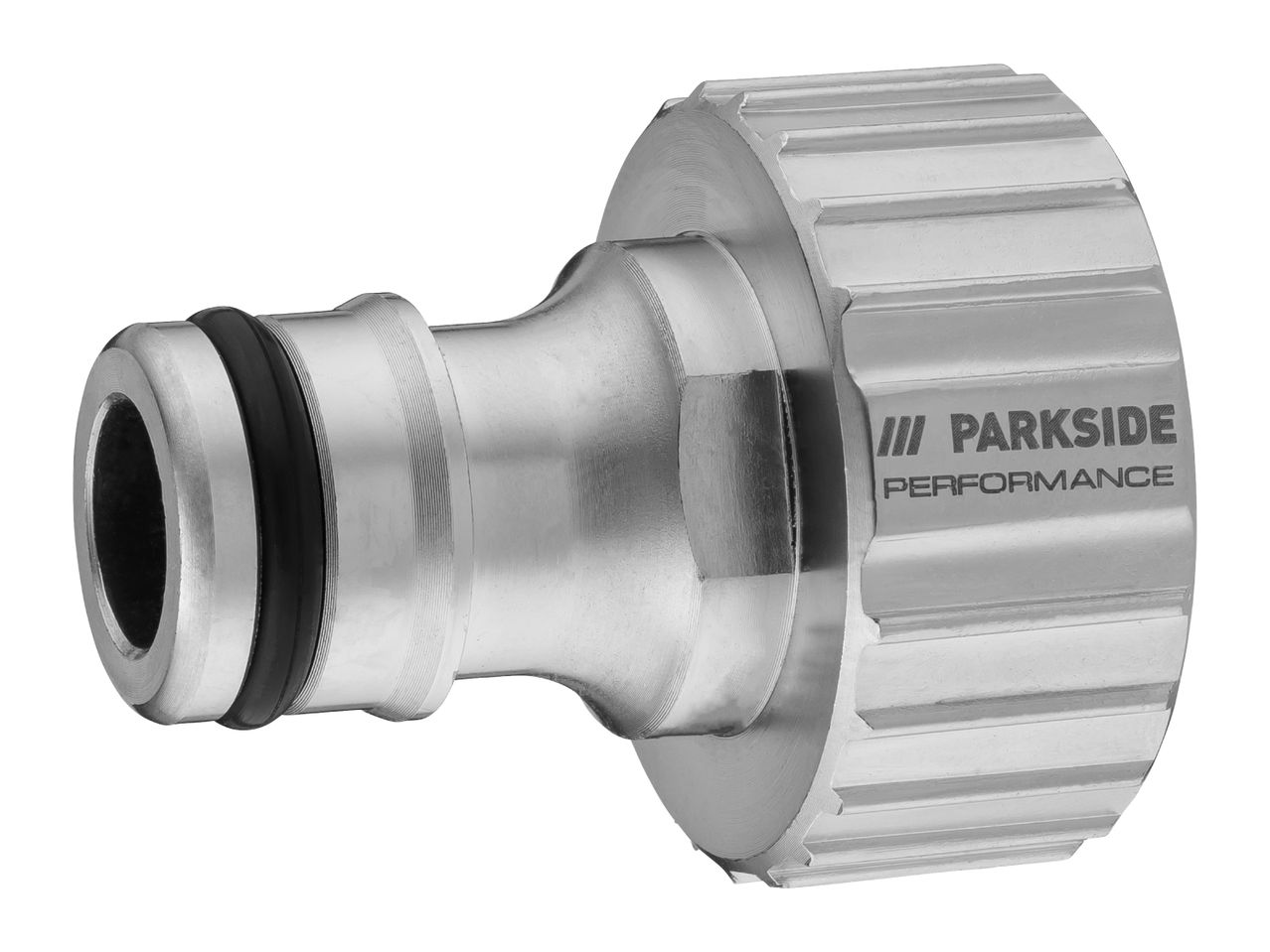 Metal hose connector with a black rubber ring and ribbed grip, featuring a brand logo.