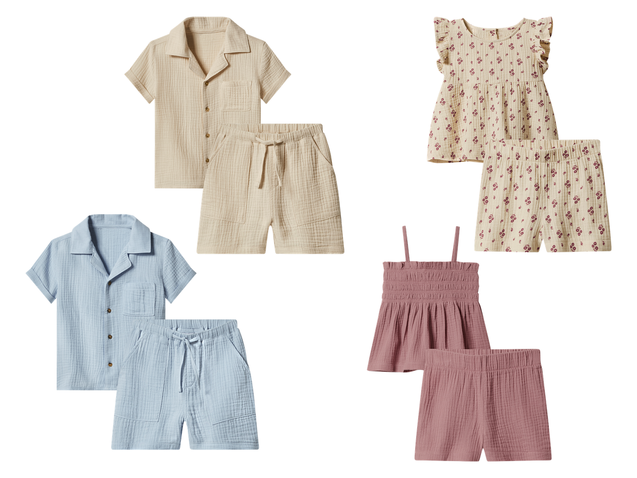Dječji setovi odjeće: bež košulja i kratke hlače, plava košulja i kratke hlače, bež cvjetna majica i kratke hlače, ružičasta majica i kratke hlače.